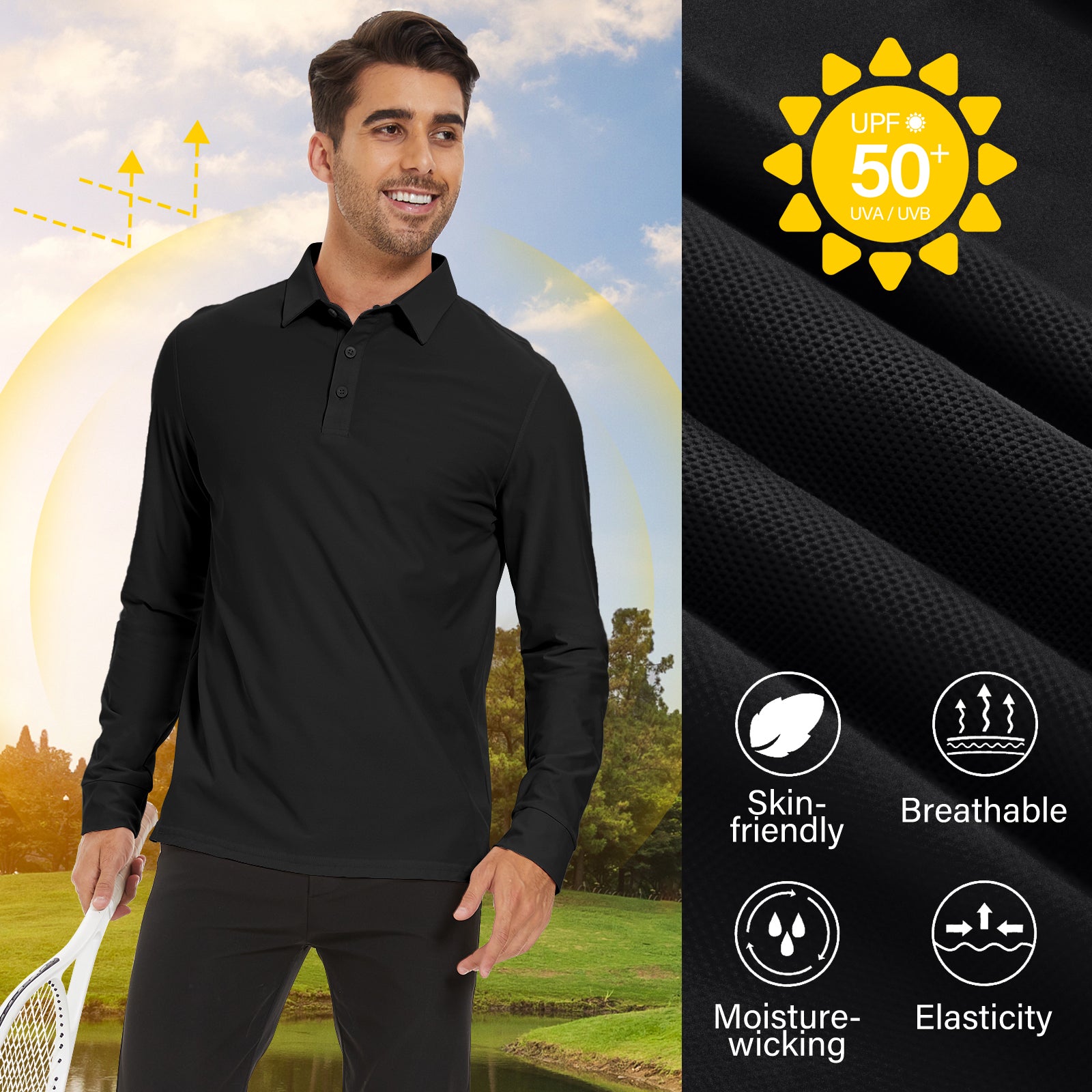 MOTEEPI Men's Nylon Long Sleeve Polos UPF 50+ Quick Dry Golf Shirts